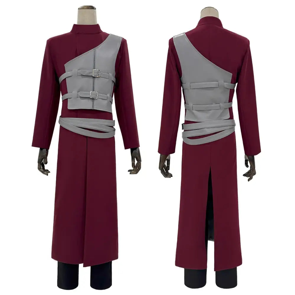 Maroon and gray Naruto Gaara cosplay costume set with high collar, calf straps, thigh straps, coat, pants, vest, and belt