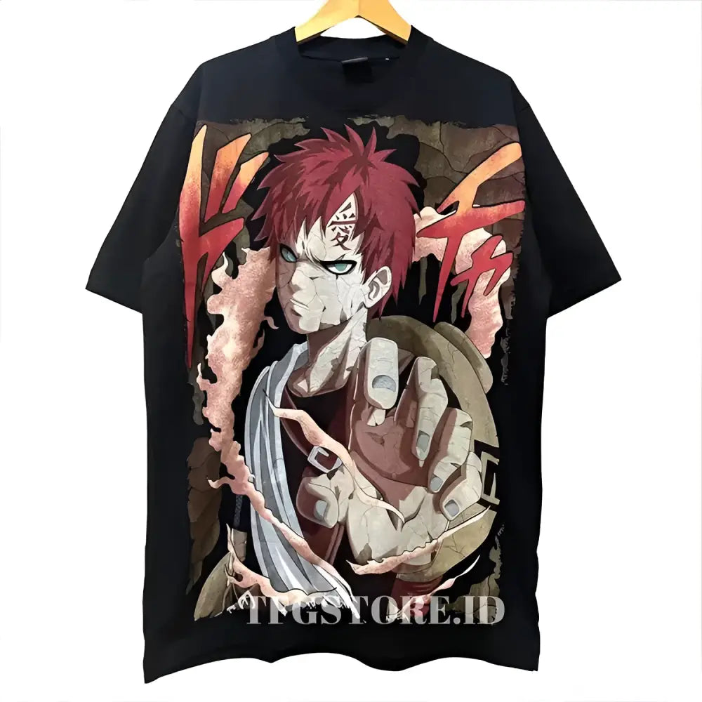 Black short sleeve Naruto Gaara t-shirt featuring detailed red hair and facial markings graphic for casual summer wear