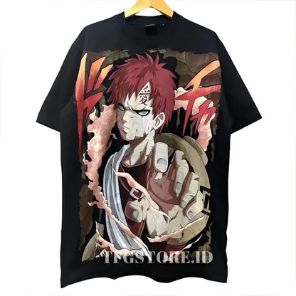Black short sleeve Naruto Gaara t-shirt featuring detailed red hair and facial markings graphic for casual summer wear