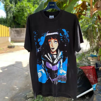 Black cotton Naruto Gaara unisex short sleeve t-shirt featuring vibrant Hinata ninja graphic with blue purple accents