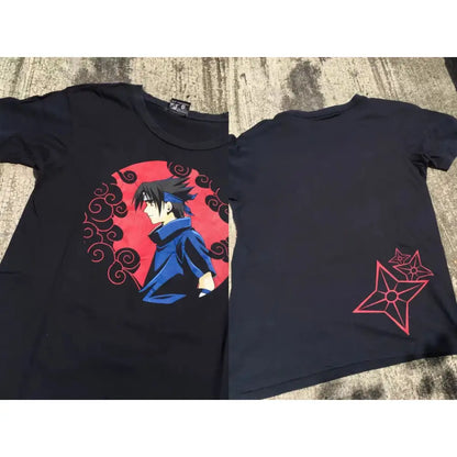 Black Naruto Gaara unisex short sleeve t-shirt showing back with red circle, blue anime character, and pink stars design