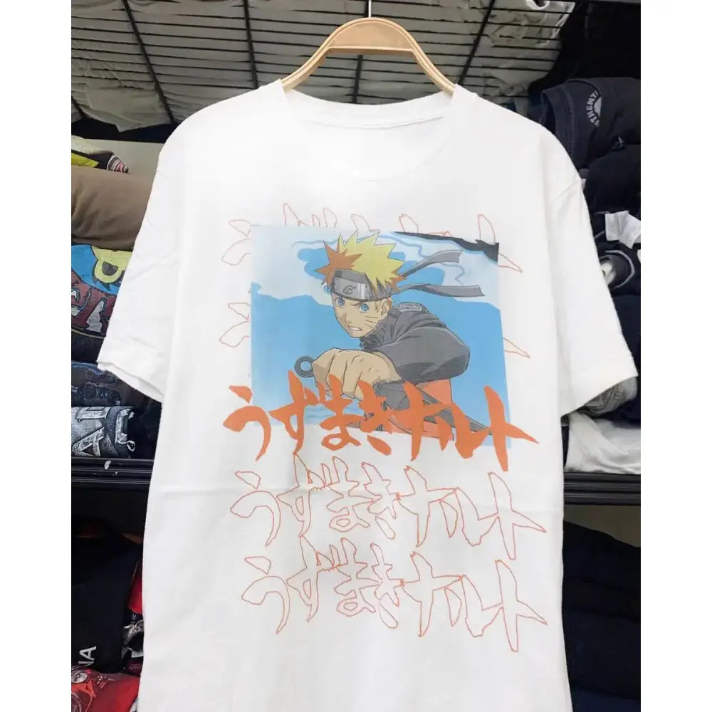 White cotton unisex short sleeve t-shirt featuring naruto uzumaki graphic and orange stylized Japanese text