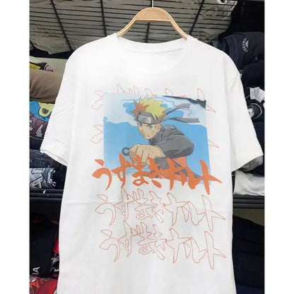 White cotton unisex short sleeve t-shirt featuring naruto uzumaki graphic and orange stylized Japanese text