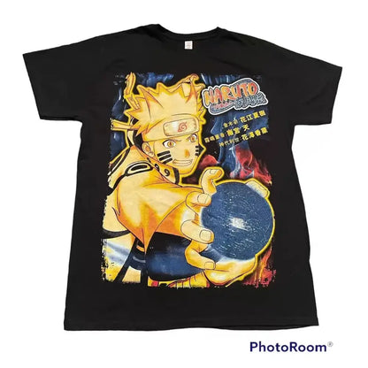 Black Naruto Gaara unisex short sleeve t-shirt with vibrant blue chakra sphere graphic and fiery Japanese text design