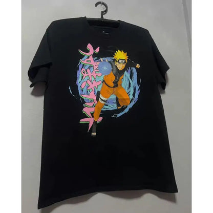 Black Naruto Gaara unisex short sleeve t-shirt with vibrant orange jumpsuit character and blue pink stylized text design