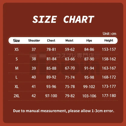 Brown size chart with white text showing measurements for xs to 2xl in naruto haruno sakura cosplay costumes