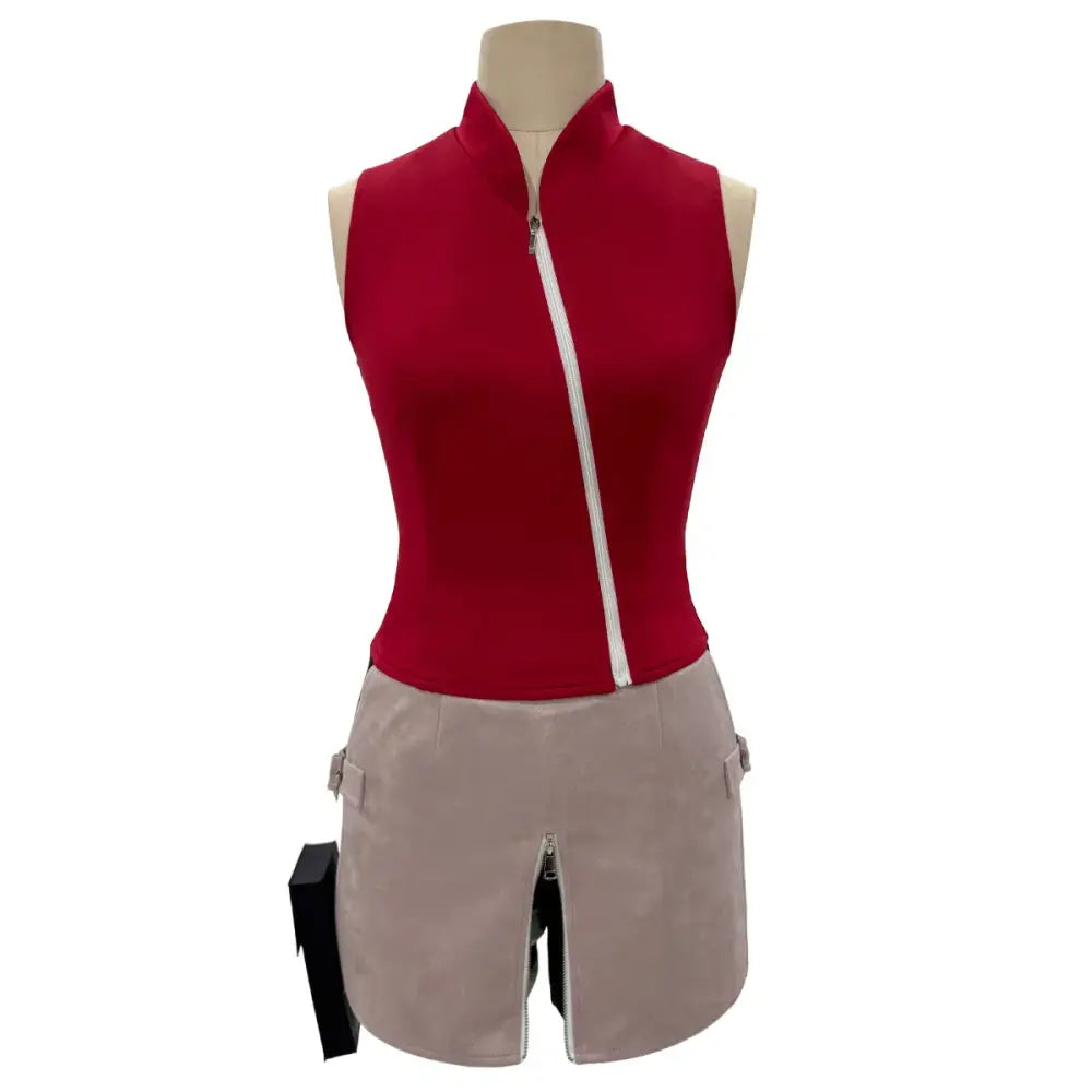 Red sleeveless zip-up top with high collar and beige shorts with side zippers for naruto haruno sakura cosplay costumes