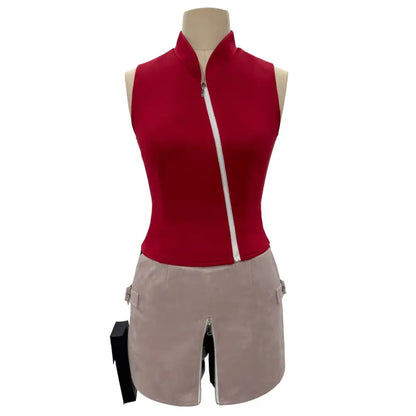 Red sleeveless zip-up top with high collar and beige shorts with side zippers for naruto haruno sakura cosplay costumes
