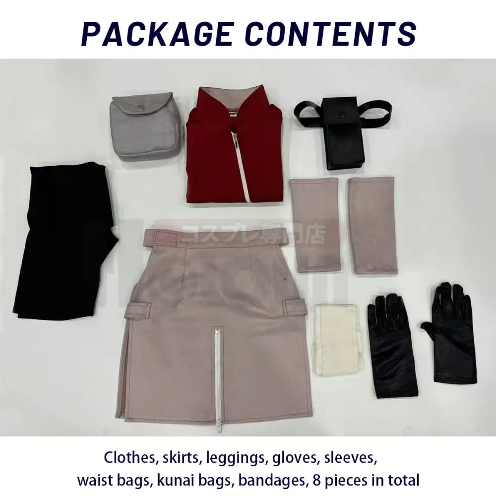 The Naruto Haruno Sakura cosplay set features a red zip-up jacket with white zipper trim for cosplay costumes