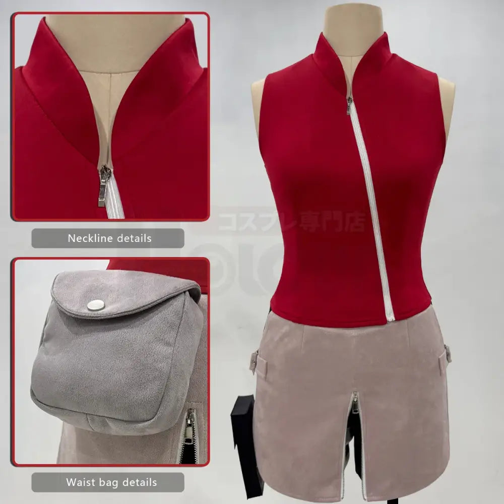 Red sleeveless zip-up top with high collar and white zipper trim for naruto haruno sakura cosplay costumes