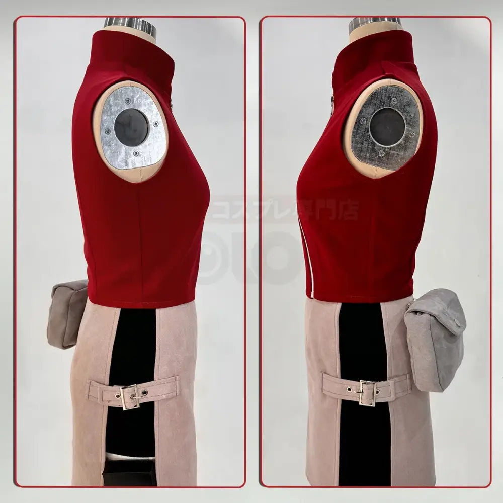 Red velvet sleeveless top with silver patch and beige skirt with black stripe and belt detail cosplay costumes set