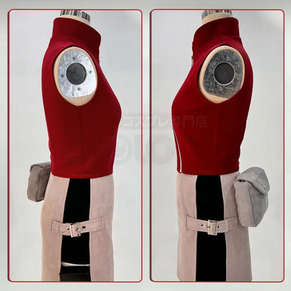 Red velvet sleeveless top with silver patch and beige skirt with black stripe and belt detail cosplay costumes set