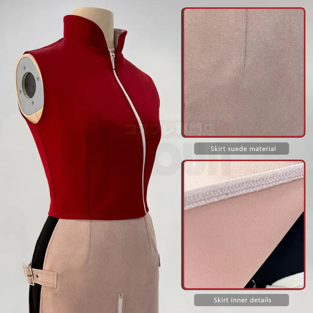 Red zip-up top with white zipper trim and beige suede skirt with black panels for naruto haruno sakura cosplay costumes