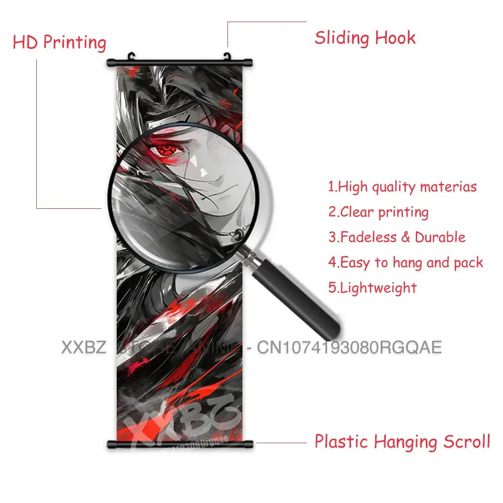 Black and red naruto hinata anime character portrait printed on plastic hanging scroll with sliding hook for wall decor