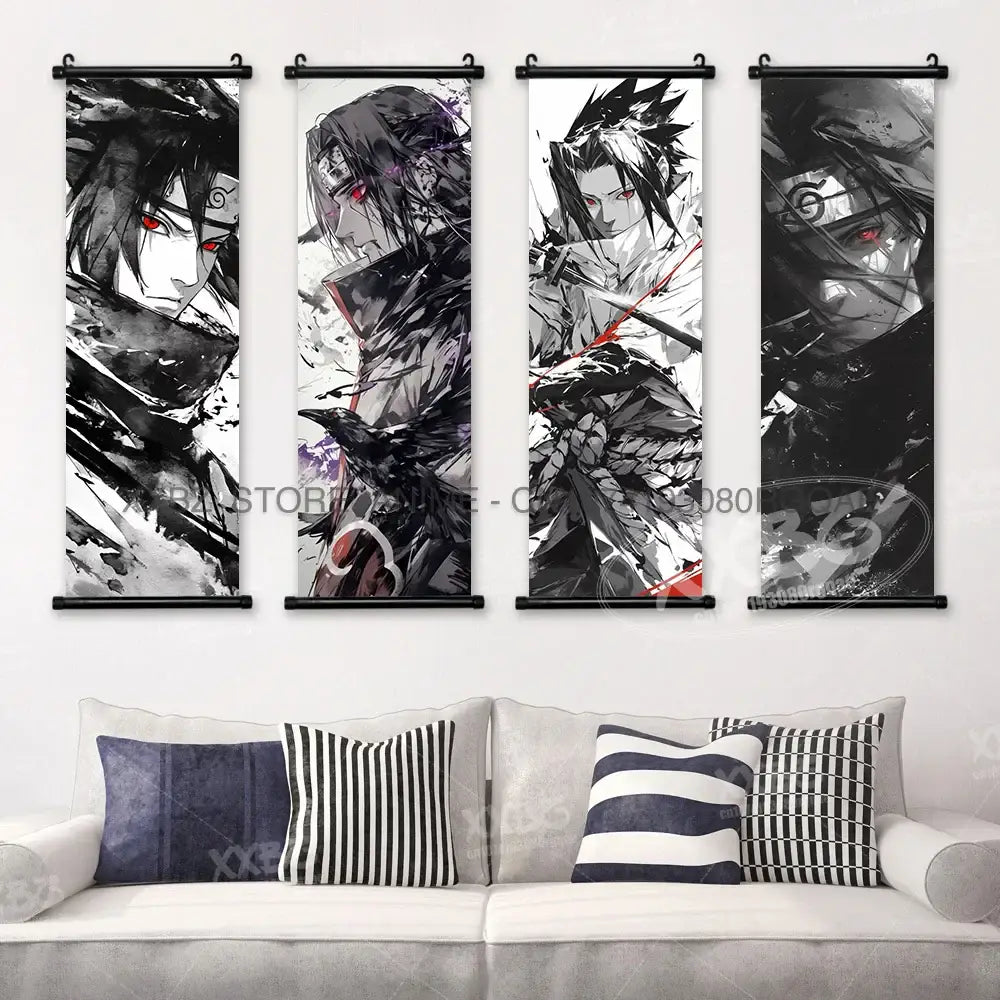 Naruto hinata canvas wall scrolls featuring four black-and-white anime characters with red eyes and ink-style designs mounted above a sofa