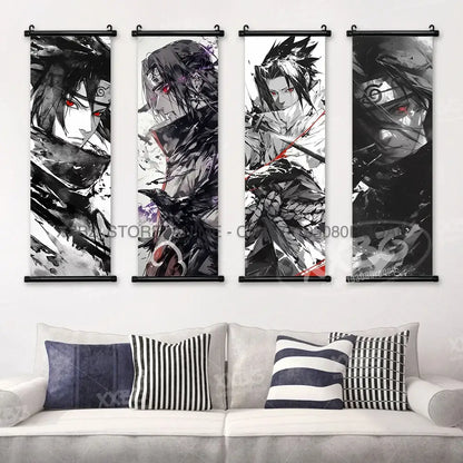 Naruto hinata canvas wall scrolls featuring four black-and-white anime characters with red eyes and ink-style designs mounted above a sofa