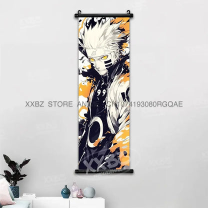 Naruto hinata canvas wall scroll featuring anime character with spiky white hair and orange flame background