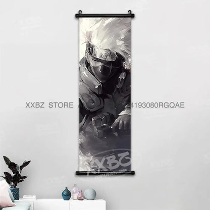 Black and white kakashi hatake anime canvas wall scroll with black roller hardware for naruto hinata decor