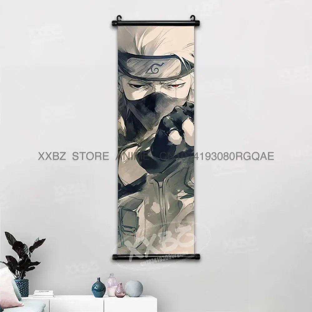 Naruto hinata canvas wall scroll featuring anime character with black headband and mask in muted gray beige and black tones