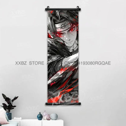 Naruto hinata canvas wall scroll featuring black and red anime character design hanging on wall for decor