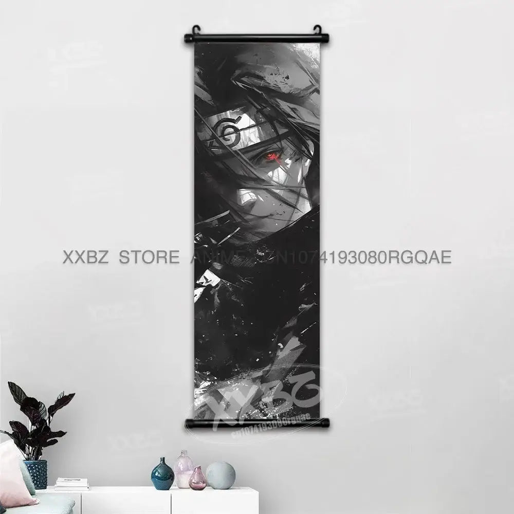 Black and white anime-style Naruto Hinata canvas wall scroll with red eyes mounted on a black roller frame