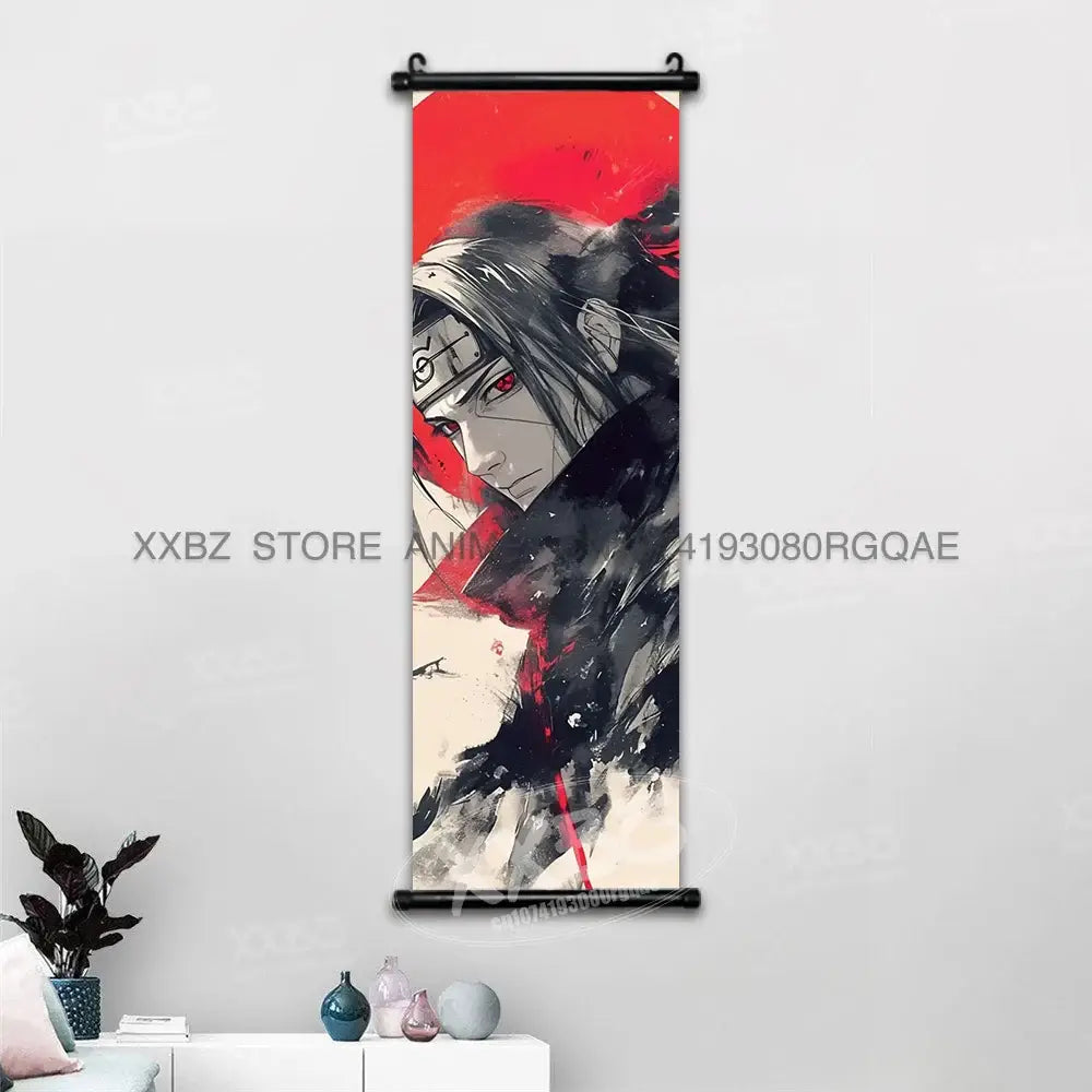 Naruto hinata canvas wall scroll featuring a black haired anime character with red eyes on a bold red background