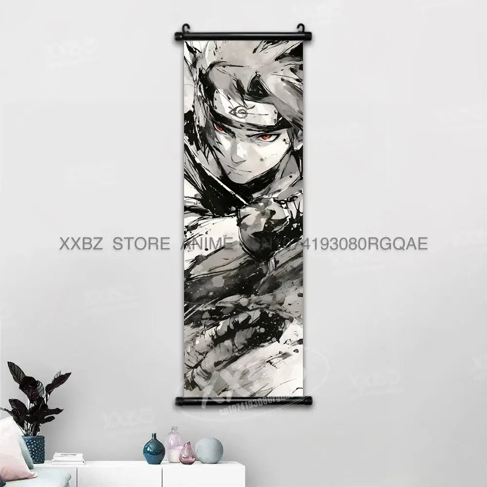Black and white ink style naruto hinata canvas wall scroll anime decor hanging on wall