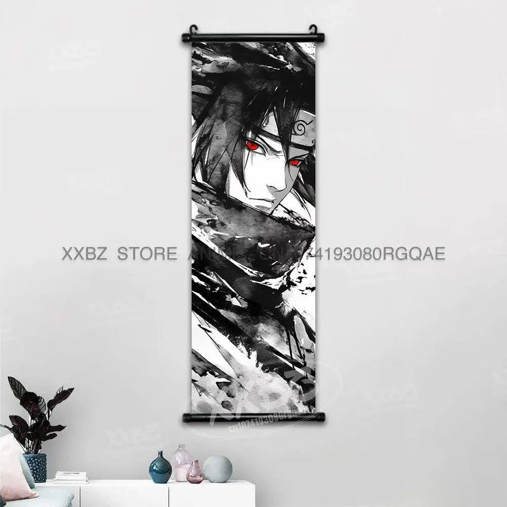 Black and white ink style naruto hinata canvas wall scroll with character featuring red eyes for anime decor