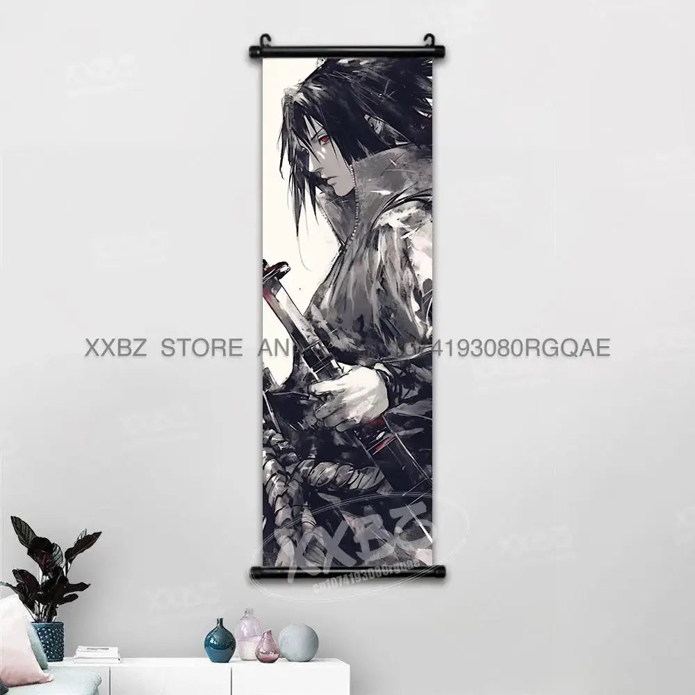 Black and white sasuke uchiha anime character wall scroll canvas featuring detailed illustration for naruto decor