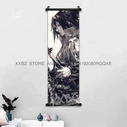 Black and white sasuke uchiha anime character wall scroll canvas featuring detailed illustration for naruto decor