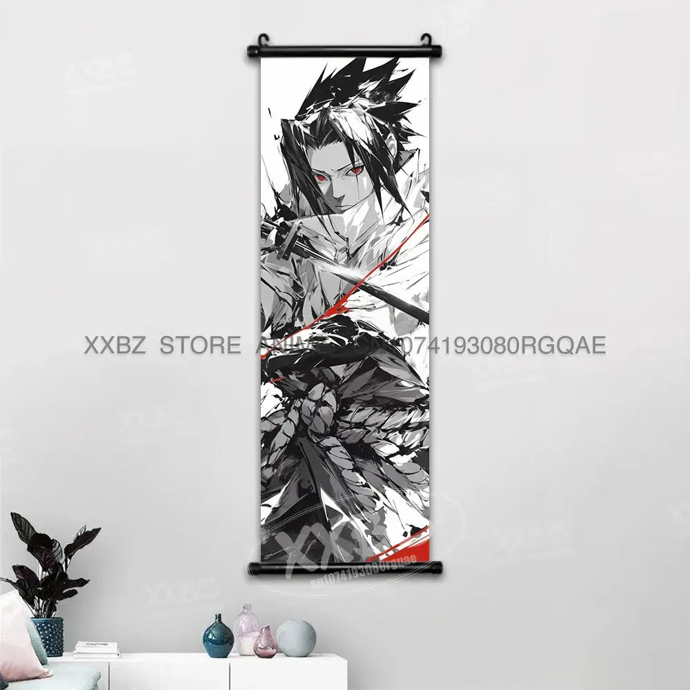 Black-and-white naruto hinata canvas wall scroll with spiky hair character and red eyes on black roller frame