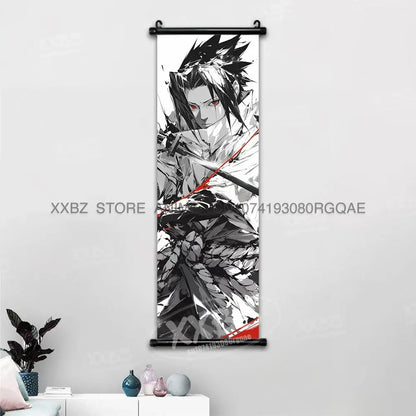 Black-and-white naruto hinata canvas wall scroll with spiky hair character and red eyes on black roller frame