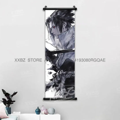 Black and white ink-style naruto hinata canvas wall scroll featuring spiky hair character holding a sword for anime decor