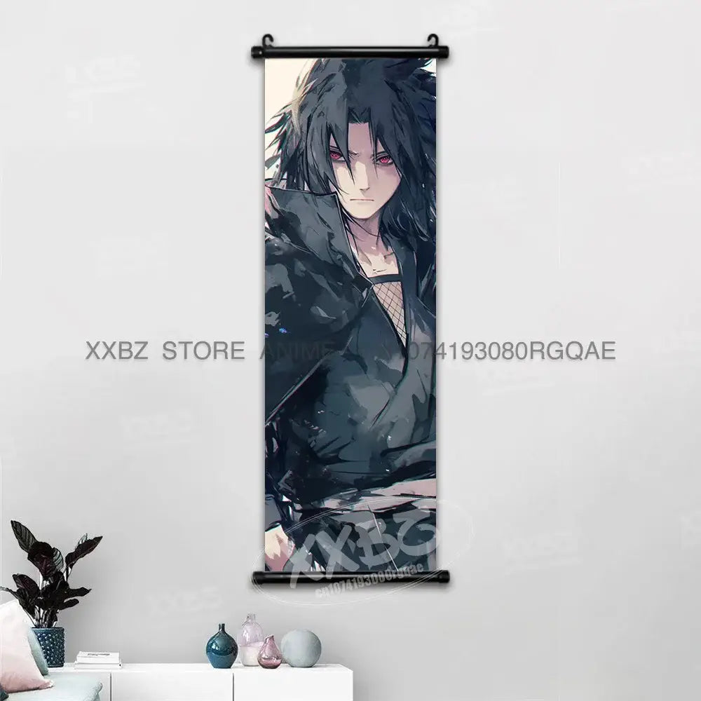 Naruto hinata canvas wall scroll featuring black and gray anime character with long dark hair and red eyes in detailed outfit