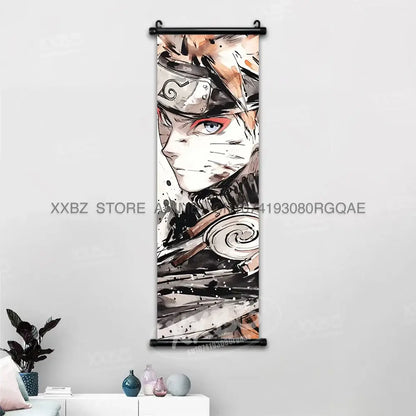 Naruto hinata canvas wall scroll featuring an anime-style naruto uzumaki portrait in black ink washes and orange hair