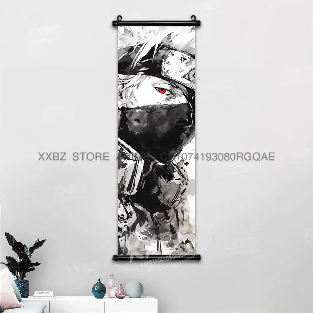 Black and white anime-style naruto hinata canvas wall scroll with red eyes mounted on black roller frame for anime decor