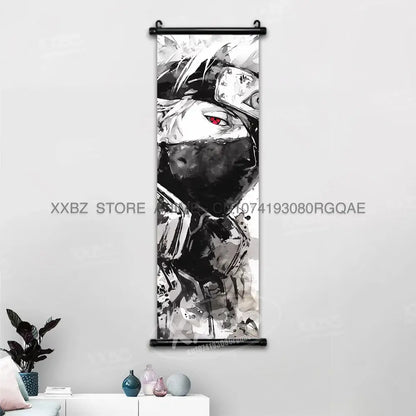 Black and white anime-style naruto hinata canvas wall scroll with red eyes mounted on black roller frame for anime decor