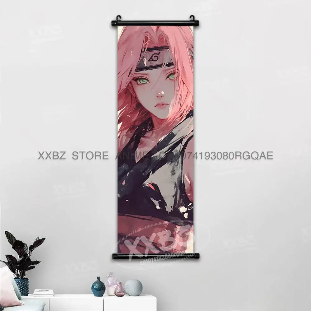 Naruto hinata canvas wall scroll featuring anime-style pink hair character with green eyes and black headband spiral emblem