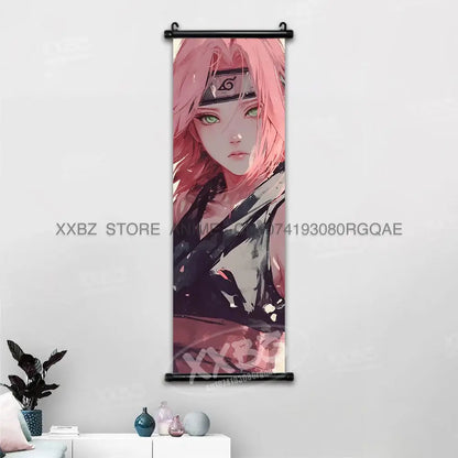 Naruto hinata canvas wall scroll featuring anime-style pink hair character with green eyes and black headband spiral emblem