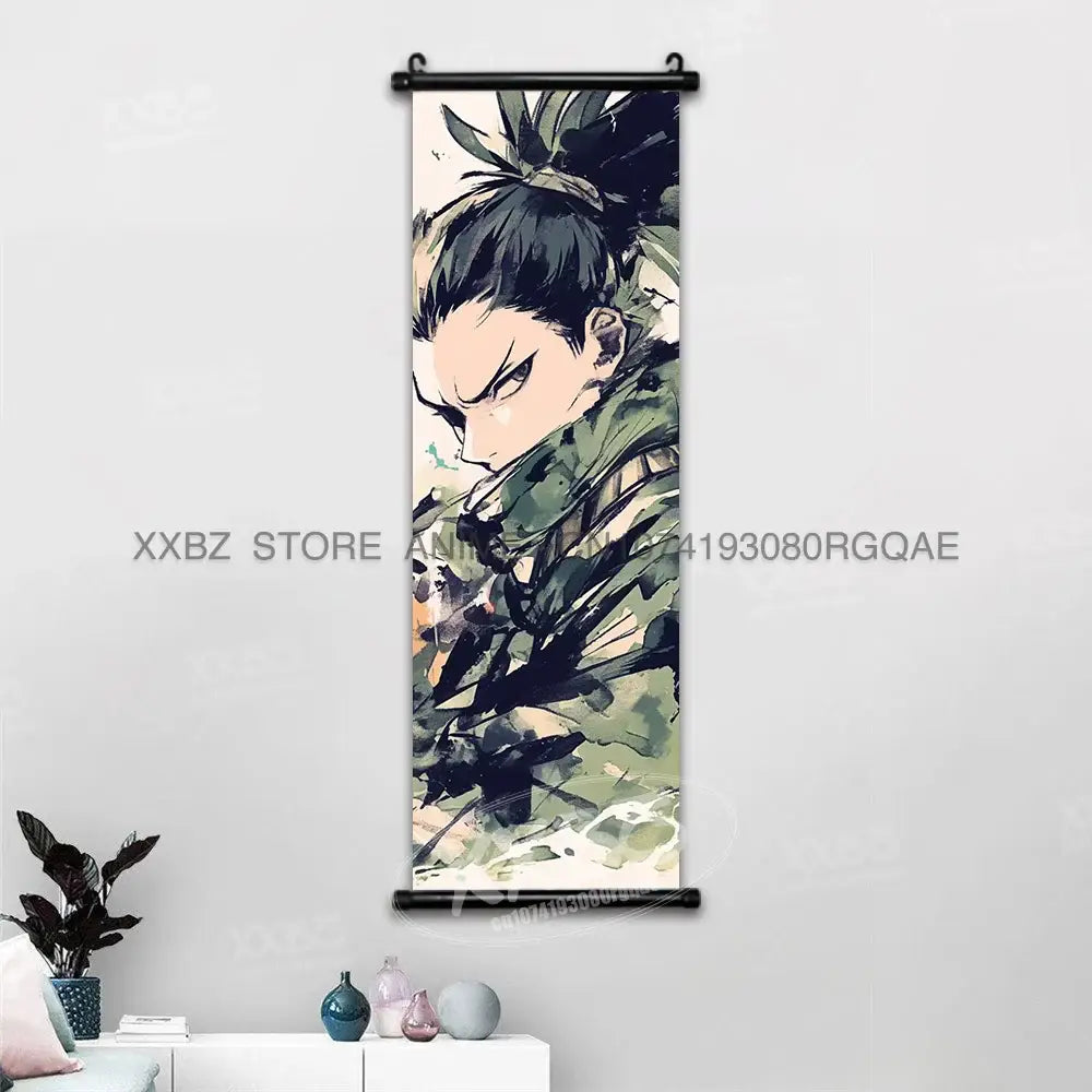 Naruto hinata canvas wall scroll featuring anime character with dark hair and green camouflage on black frame