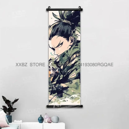Naruto hinata canvas wall scroll featuring anime character with dark hair and green camouflage on black frame