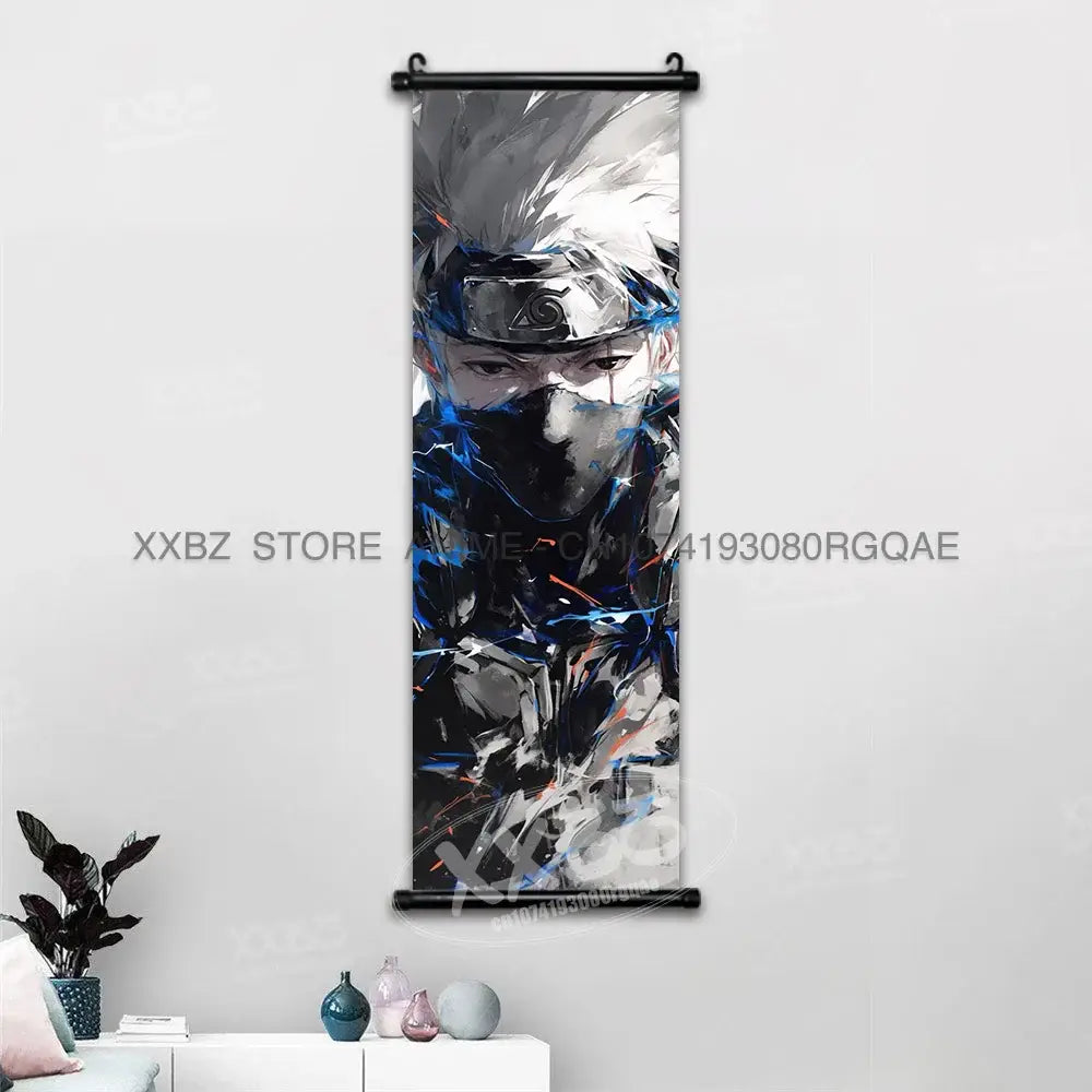 Naruto hinata canvas wall scroll featuring a stylized kakashi hatake portrait in black blue tones with metallic accents