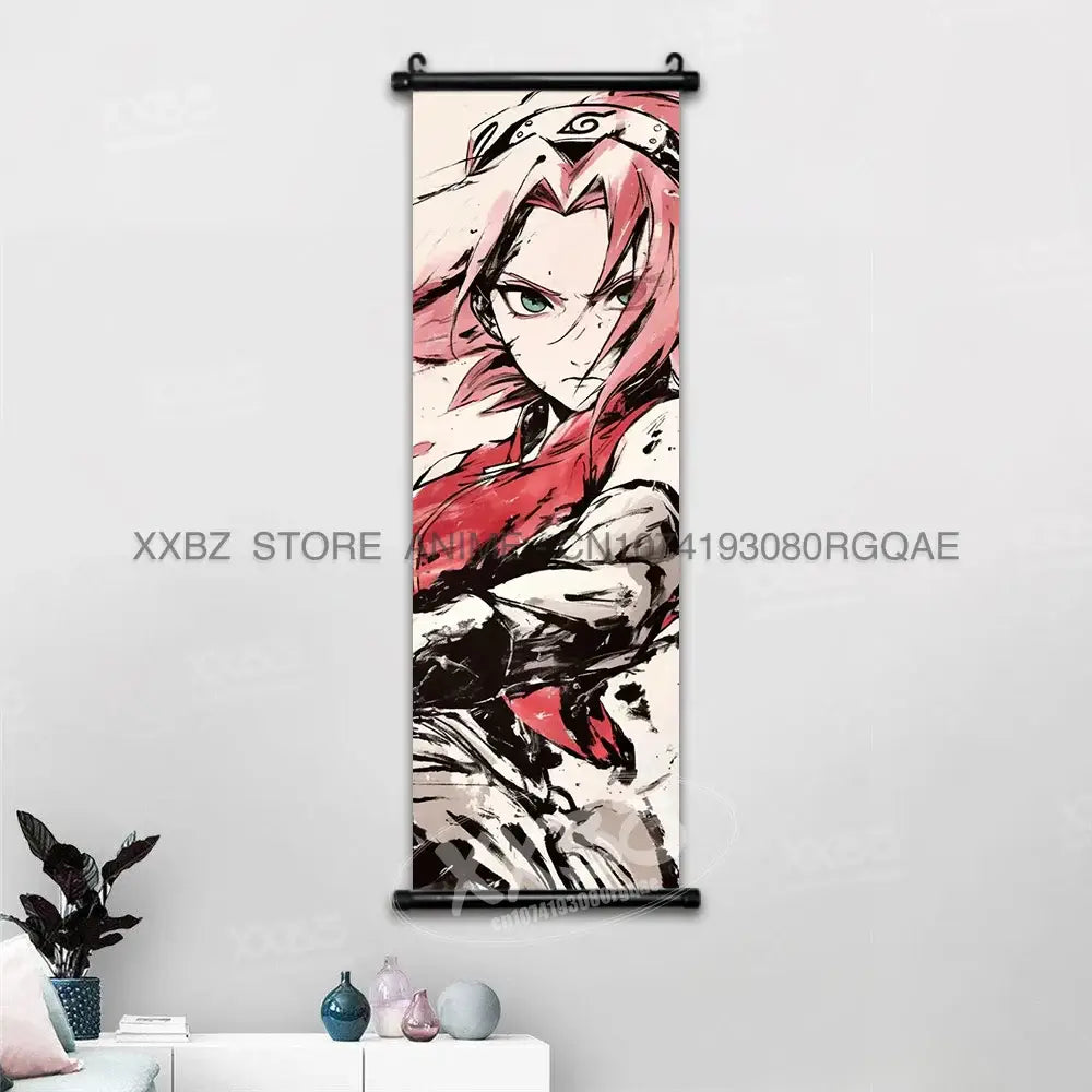Naruto hinata canvas wall scroll featuring anime character with pink hair green eyes red clothing and spiral headband