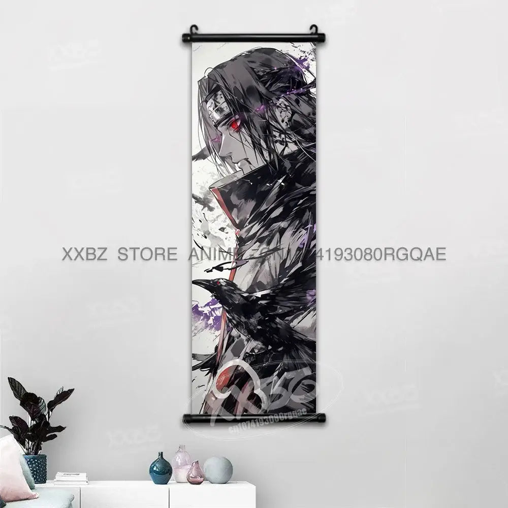 Naruto hinata canvas wall scroll featuring a black and white anime character with red eyes and a crow on shoulder