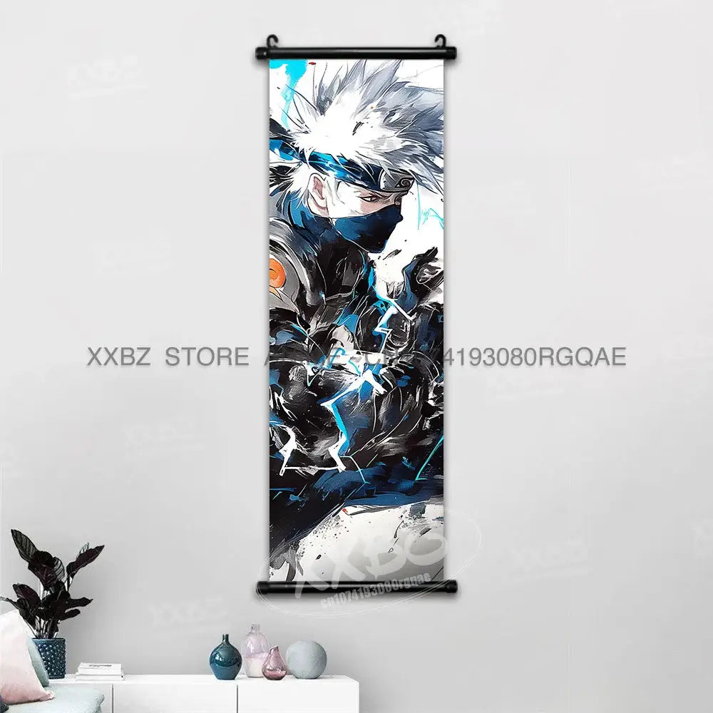 Naruto Hinata canvas wall scroll featuring anime character with spiky white hair black mask and blue lightning effects