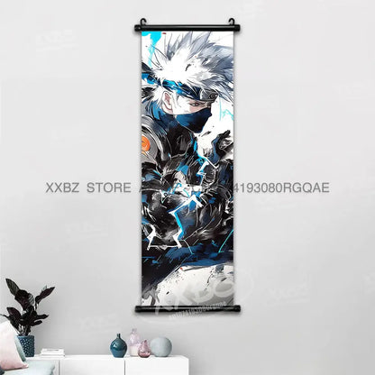 Naruto Hinata canvas wall scroll featuring anime character with spiky white hair black mask and blue lightning effects