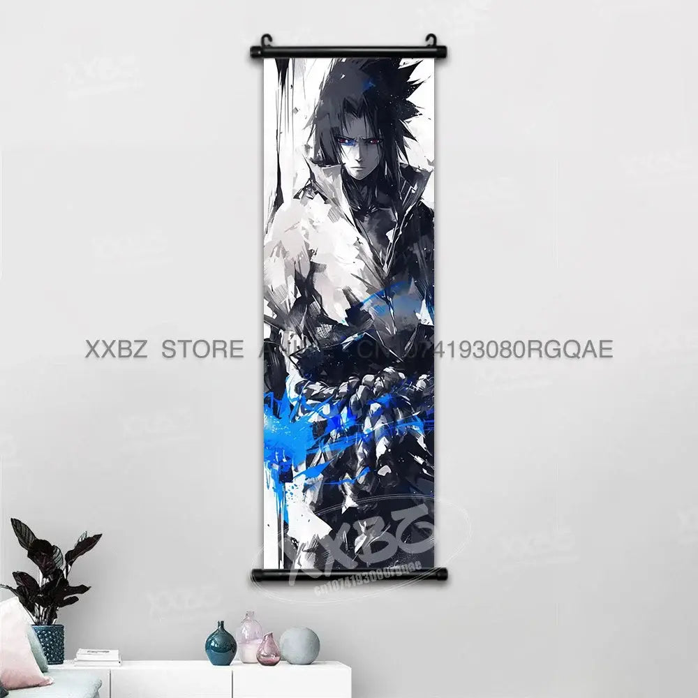 Black and white sasuke uchiha canvas wall scroll with bold blue accents for naruto hinata anime decor