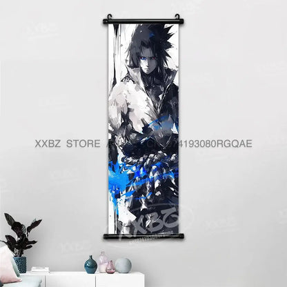 Black and white sasuke uchiha canvas wall scroll with bold blue accents for naruto hinata anime decor