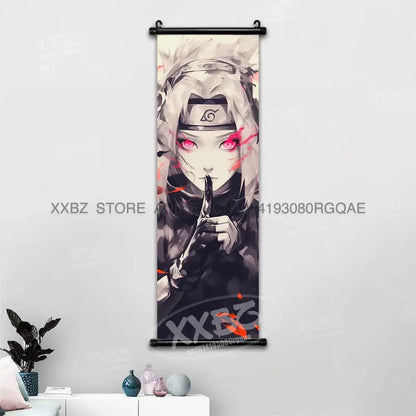 Naruto hinata canvas wall scroll featuring a white-haired anime character with red eyes and black headband spiral emblem