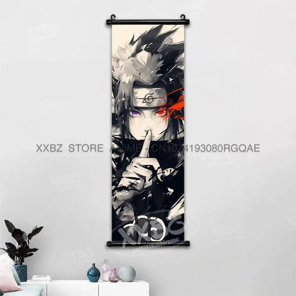 Black and white naruto hinata canvas wall scroll featuring a spiky haired character with one red and one purple eye